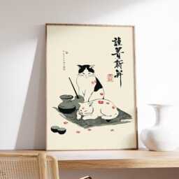 Japanese Cats Art Print, Sumi-E Ink Wash Wall Decor, Lucky Cat Poster, Sake Illustration - thumbnail 2