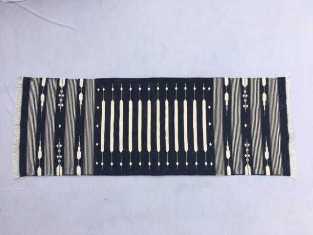 Multiple Sizes Black Cotton Runner Handmade Rug - Hand Woven & White - image 1