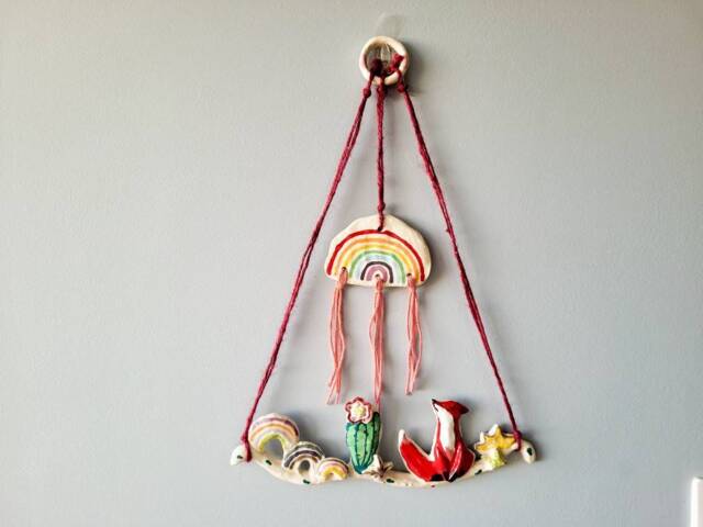 The Rainbow Fox & The Cactus - Ceramic Handmade Wall Hanging Art, Wall D??cor. Home Decor, Nursery. Animal. Pottery Gift Idea - image 1
