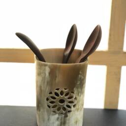 Sunflower One Side Carving Hurricane Candle Holder, Pen Holder , Storage Desk Organizer, House Warming Gift Horn Decor, Wedding - thumbnail 2