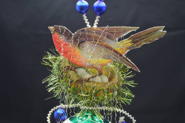 Vintage Christmas Ornament With Dresden Trims, Victorian Die Cuts & Mercury Glass Beads - image 1