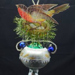 Vintage Christmas Ornament With Dresden Trims, Victorian Die Cuts & Mercury Glass Beads - thumbnail 2