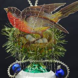Vintage Christmas Ornament With Dresden Trims, Victorian Die Cuts & Mercury Glass Beads - thumbnail 3
