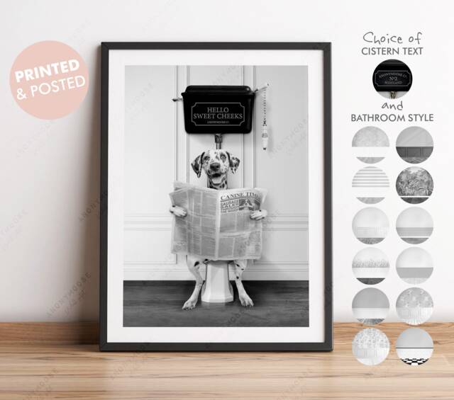 Black & White Print Dalmatian Dog On Toilet With Newspaper, Victorian Print, Funny Bathroom Toilet, Humour - image 1