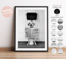 Black & White Print Dalmatian Dog On Toilet With Newspaper, Victorian Print, Funny Bathroom Toilet, Humour - thumbnail 1