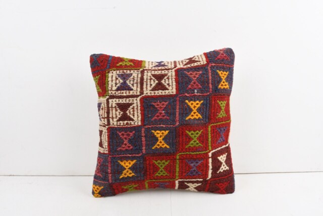 Vintage Turkish Kilim Pillow Cover Handwoven Wool Cushion - 16x16 - image 1