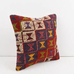 Vintage Turkish Kilim Pillow Cover Handwoven Wool Cushion - 16x16 - thumbnail 2