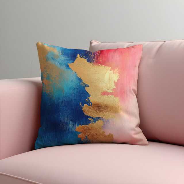 Abstract Cushion Cover, Mustard Foil Brushstroke Throw Pillow Cover With Blue, Pink & Coral Hues Case, Glam Modern Art Decor - image 1