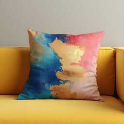 Abstract Cushion Cover, Mustard Foil Brushstroke Throw Pillow Cover With Blue, Pink & Coral Hues Case, Glam Modern Art Decor - thumbnail 3