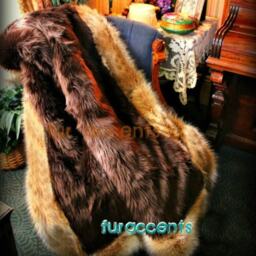 Plush Faux Fur Bed Spread - Comforter Throw Blanket Shaggy Brown With Coyote Wolf Border Trim - thumbnail 3