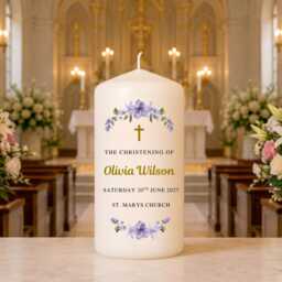 Personalised Christening Candle - Purple Floral Baptism Custom Baby Name Christened Keepsake Gift Church Ceremony