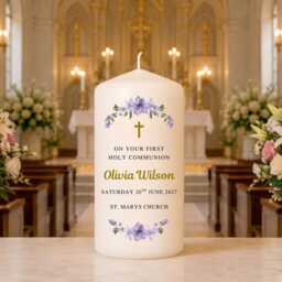Personalised Christening Candle - Purple Floral Baptism Custom Baby Name Christened Keepsake Gift Church Ceremony - thumbnail 3