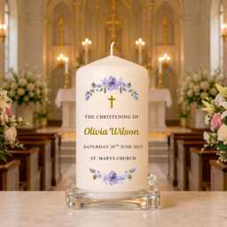 Personalised Christening Candle - Purple Floral Baptism Custom Baby Name Christened Keepsake Gift Church Ceremony - thumbnail 4