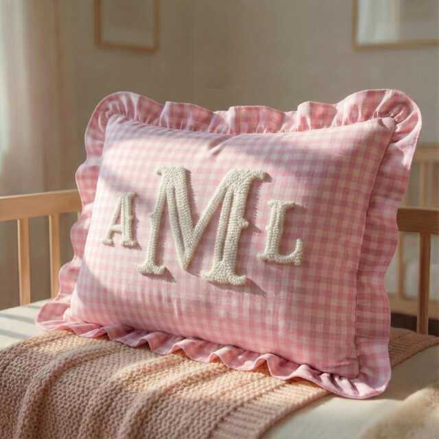 Personalized Name Ruffle Pillow, Punch Needle Embroidered Cushion, Baby Shower Gift, Nursery Room Decor - image 1