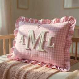 Personalized Name Ruffle Pillow, Punch Needle Embroidered Cushion, Baby Shower Gift, Nursery Room Decor - thumbnail 1