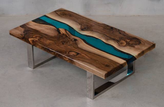 Personalised Resin Table, Epoxy Table Made Of European Walnut, Live Edge Coffee With Blue Uv Resin, Unique First Home Gift - image 1