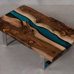 Personalised Resin Table, Epoxy Table Made Of European Walnut, Live Edge Coffee With Blue Uv Resin, Unique First Home Gift - thumbnail 2