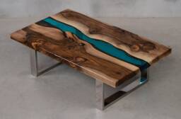 Personalised Resin Table, Epoxy Table Made Of European Walnut, Live Edge Coffee With Blue Uv Resin, Unique First Home Gift