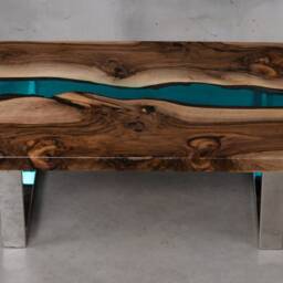 Personalised Resin Table, Epoxy Table Made Of European Walnut, Live Edge Coffee With Blue Uv Resin, Unique First Home Gift - thumbnail 3