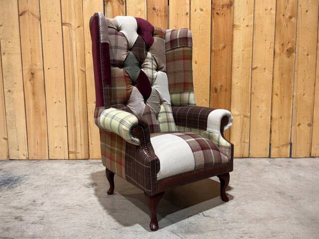 Unique Multi Coloured Patterned Wool Patchwork Chesterfield High Back Wing Chair, British Handmade - image 1