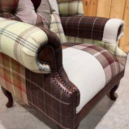 Unique Multi Coloured Patterned Wool Patchwork Chesterfield High Back Wing Chair, British Handmade - thumbnail 2