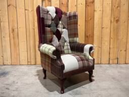 Unique Multi Coloured Patterned Wool Patchwork Chesterfield High Back Wing Chair, British Handmade - thumbnail 1