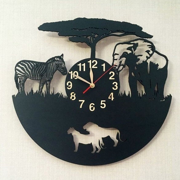 Wall Clock 12 Or 18 Inches Zebra, Elephant, Lion, Wooden Big Non-Ticking, Africa Savannah Wild Animals Large Home Gift - image 1