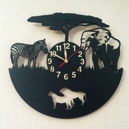 Wall Clock 12 Or 18 Inches Zebra, Elephant, Lion, Wooden Big Non-Ticking, Africa Savannah Wild Animals Large Home Gift - thumbnail 1