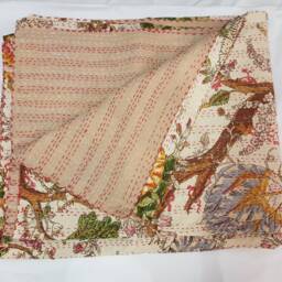 Queen Size Handmade Kantha Quilt, Hand Stitched Indian Cotton Blanket, Floral Design Bedspread, Rainbow Print 90x108 - thumbnail 2