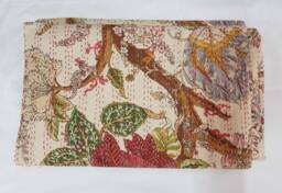 Queen Size Handmade Kantha Quilt, Hand Stitched Indian Cotton Blanket, Floral Design Bedspread, Rainbow Print 90x108 - thumbnail 1