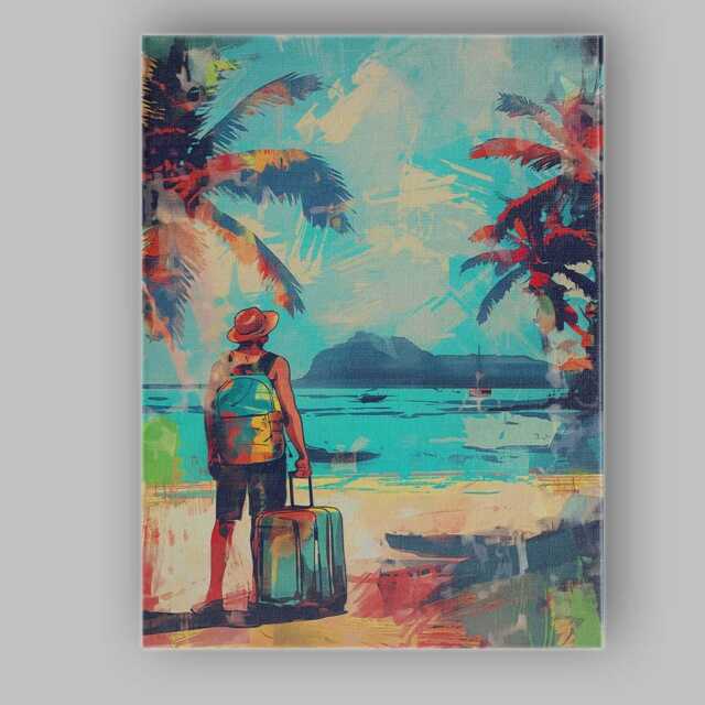 Tropical Beach Traveller Palm Tree Holiday Illustration Canvas Wall Art Print Decor Picture Ready To Hang - image 1