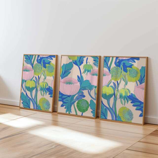 Blue, Green & Pink Floral Wall Art Prints Set Of 3, Modern Botanical Posters, Contemporary Nature Artwork For Living Room Or Bedroom Decor - image 1