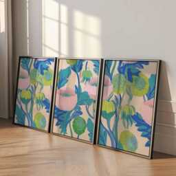 Blue, Green & Pink Floral Wall Art Prints Set Of 3, Modern Botanical Posters, Contemporary Nature Artwork For Living Room Or Bedroom Decor - thumbnail 2