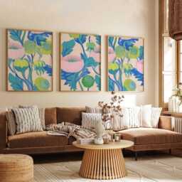 Blue, Green & Pink Floral Wall Art Prints Set Of 3, Modern Botanical Posters, Contemporary Nature Artwork For Living Room Or Bedroom Decor - thumbnail 3