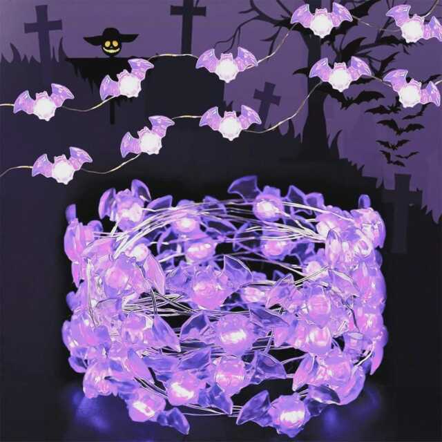 Halloween Bat Copper Wire String Light, Battery Powered Fairy Lamp, Spooky Purple Decor, Indoor Outdoor Party - image 1