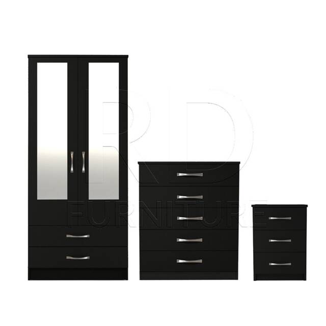 Bedroom Set, Black Set, Wardrobe, Mirrored Chest Of Drawers & Bedside Table. Ready Assembled - image 1