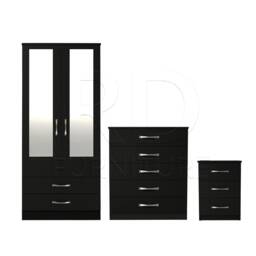 Bedroom Set, Black Set, Wardrobe, Mirrored Chest Of Drawers & Bedside Table. Ready Assembled - thumbnail 1