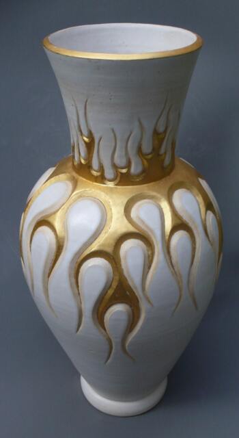 Handmade Gold Leaf Flames Ceramic Vase - Wheel Thrown & Hand Carved Hot Rod - image 1