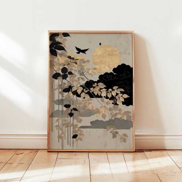 Japanese Moon Wall Art, Gold Leaf Botanical Poster, Minimalist Zen Nature Print, Oriental Night Scene Decor, Unframed Elegant Artwork - image 1