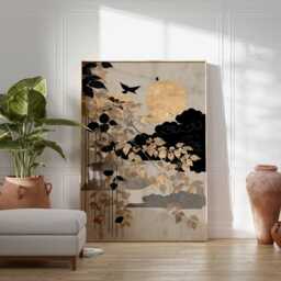 Japanese Moon Wall Art, Gold Leaf Botanical Poster, Minimalist Zen Nature Print, Oriental Night Scene Decor, Unframed Elegant Artwork - thumbnail 2