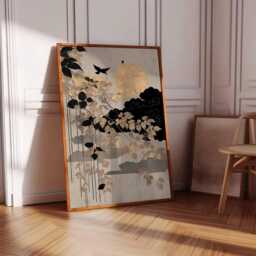 Japanese Moon Wall Art, Gold Leaf Botanical Poster, Minimalist Zen Nature Print, Oriental Night Scene Decor, Unframed Elegant Artwork - thumbnail 3