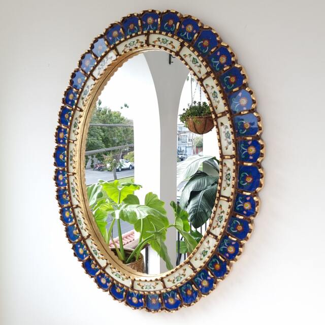 Peruvian Blue Gold Oval Mirror 70 cm Handmade Wall Decor - Carved Wood Elegant Statement For Living Room Bedroom Bathroom Entryway - image 1