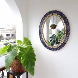 Peruvian Blue Gold Oval Mirror 70 cm Handmade Wall Decor - Carved Wood Elegant Statement For Living Room Bedroom Bathroom Entryway - thumbnail 2