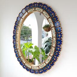 Peruvian Blue Gold Oval Mirror 70 cm Handmade Wall Decor - Carved Wood Elegant Statement For Living Room Bedroom Bathroom Entryway - thumbnail 1