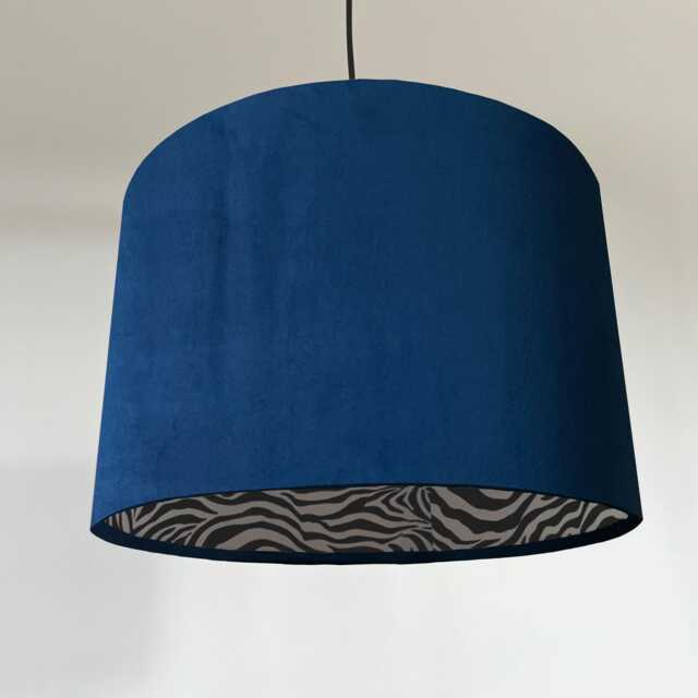 Navy Velvet Drum Lampshade, Double Sided Lampshade With Zebra Print Cotton Interior, Ceiling Light Shade - image 1