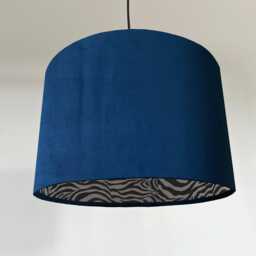 Navy Velvet Drum Lampshade, Double Sided Lampshade With Zebra Print Cotton Interior, Ceiling Light Shade - thumbnail 1
