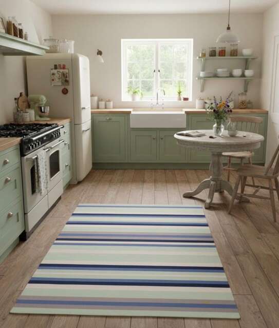 Handwoven Wool Kilim Rug Blue & Grey Stripped Geometric Custom Made Living Room Rug, Modern Boho Bedroom Decor - image 1