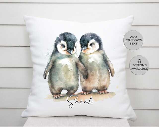 Personalised Watercolour Penguin Cushion - Animal Name Pillow Soft Furnishing Wedding Anniversary - image 1