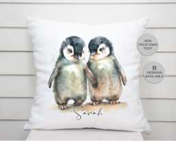 Personalised Watercolour Penguin Cushion - Animal Name Pillow Soft Furnishing Wedding Anniversary - thumbnail 1