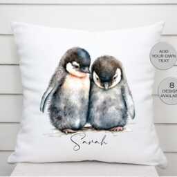 Personalised Watercolour Penguin Cushion - Animal Name Pillow Soft Furnishing Wedding Anniversary - thumbnail 2